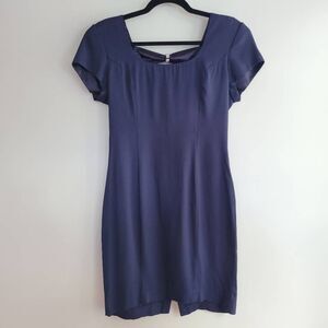 Vintage 90s Scarlett Nite size 10 navy square neck knee length sheath dress open